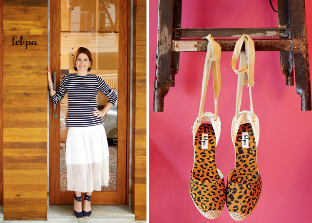 Mariana Luchi em frente à Felipa (esq.) e a espadrilha hit, de oncinha (dir.) - Fotos: Guto Costa/Harper's Bazaar