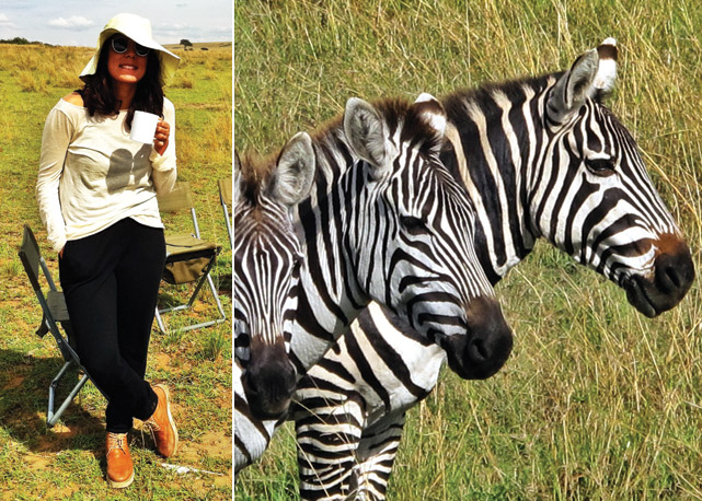 Julia Gastin durante safári no Quênia (à esquerda). À direita, zebras durante o passeio - Fotos: Reprodução/Harper's Bazaar