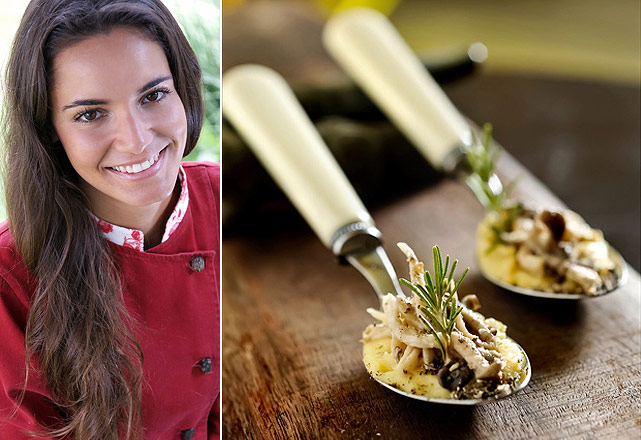 A chef Renata Vanzetto e um dos pratos: polentinha com cogumelos e alecrim - Fotos:Divulgação
