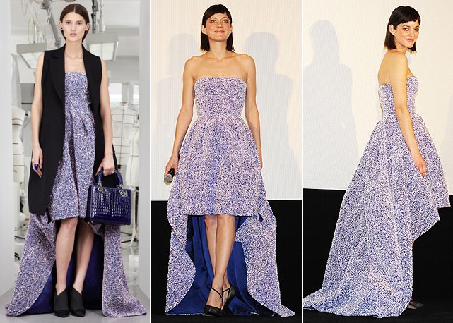 O vestido na passarela da Dior, e no tapete vermelho com Marion Cotillard - Fotos: Reprodução e Getty Images