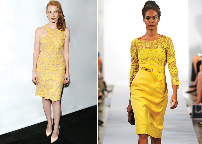 Jessica Chastain (esq.) e look do desfile de verão 2013 de Oscar de la Renta (dir.) - Fotos: Reprodução