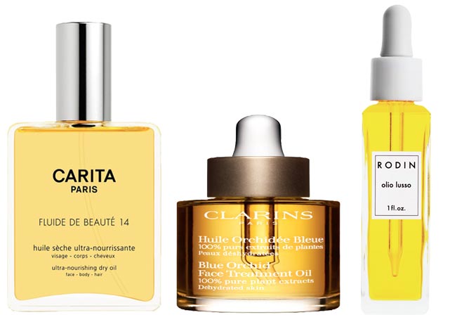 Da esquerda para a direita: Fluide de Beauté 14, Carita; Huile Orchidée Bleue,, Clarins; e Olio Lusso, Rodin  - Fotos: Divulgação