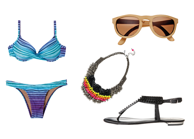 Na mala: biquíni (R$ 182) Cia. Marítima, óculos (R$ 390) Choix, colar (R$ 1.078) Claudia Arbex para Lool e sandália (R$ 280) Schutz