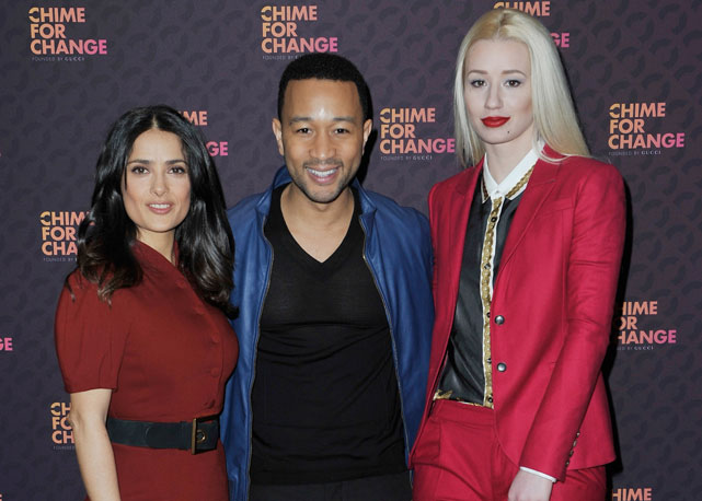 Salma Hayeck, John Legend e Iggy Azalea na coletiva do Chime For Change da Gucci - Foto: Getty Images