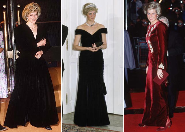 Da esquerda para a direita, Diana veste  Bruce Oldfield, Victor Edelstein e um modelo de veludo, que ela amava - Fotos: Getty Images