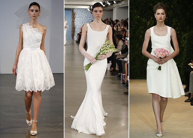 Da esquerda para a direita, looks de Carolina Herrera, Oscar de la Renta e Marchesa - Foto: Getty Images