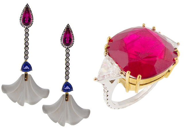 Duas peças de Silvia os brincos de diamantes, tanzanita, gotas de rubelita e leque de agata branca e ao lado anel de ouro com diamantes e rubi - Fotos:Divulgação