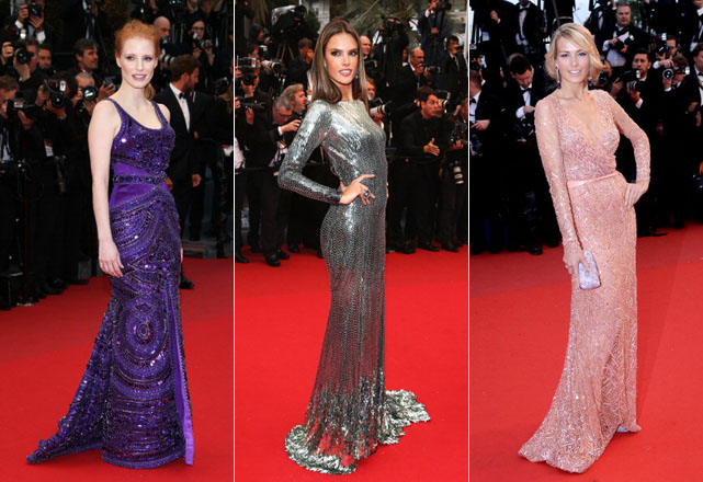 SPARKLING: da esquerda para a direita: Jessica Chastain (de Givenchy), Alessandra Ambrósio (de Roberto Cavalli) e Petra Nemcova (de Elie Saab)