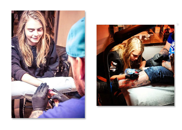 À dir. a top fazendo uma de suas tatuagens e á esq. tatuando o dono do icônico estúdio Bang Bang em NY - Fotos: Reprodução/Instagram