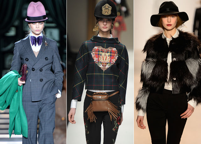 Da esq. pra dir.: chapéus nas passarelas da Dsquared, Moschino e Rachel Zoe - Fotos: Getty Images