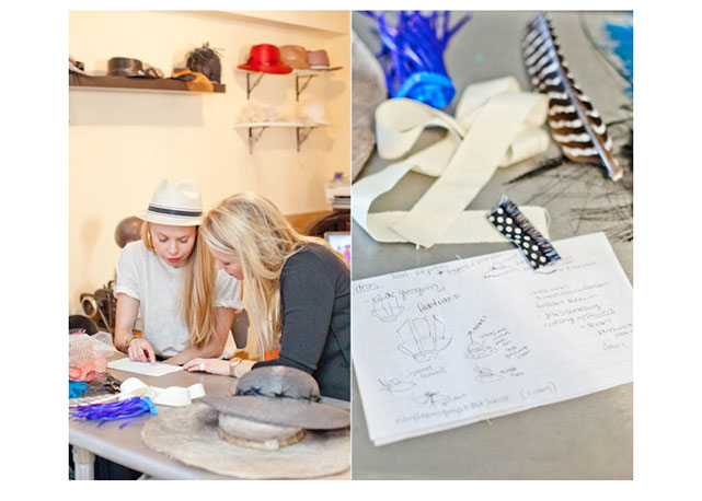 Gigi e Joyann começam a desenhar no ateliê da chapeleira - Foto: Kathryn Wirsing/Reprodução/Harper's Bazaar