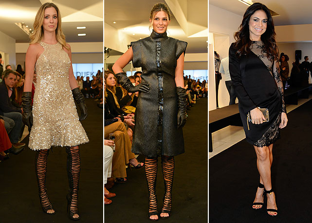 À esquerda e à direita, Helena Lunardelli e Anna Fasano na passarela da Tufi Duek; à direita, Rosana Jatobá entre as convidadas do desfile - Foto: Luciana Prezia/Divulgação