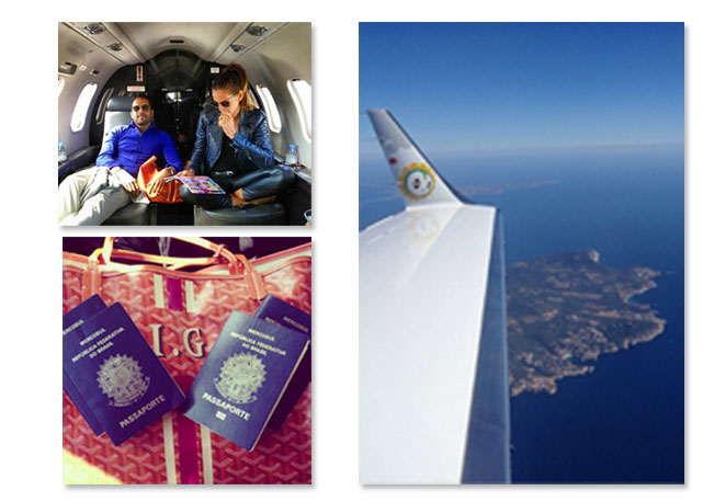 Daniel Urzedo e Izabel Goulart à caminho de Ibiza. Detalhe para a Goyard laranja de Iza com as inicias da top. How Bazaar! - Fotos: Reprodução/Instagram