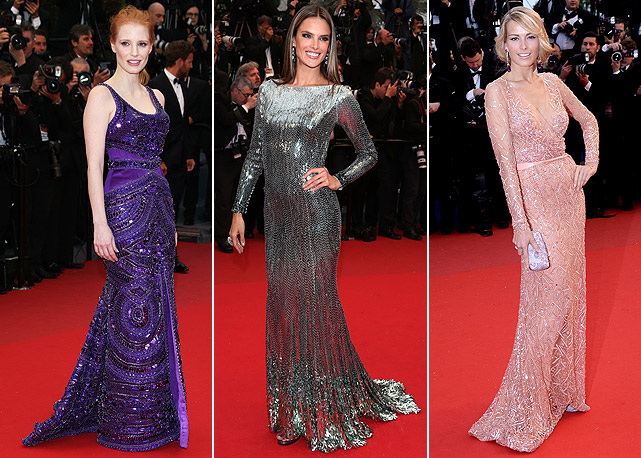 Da esquerda para a direita: Jessica Chastain (de Givenchy), Alessandra Ambrósio (de Roberto Cavalli) e Petra Nemcova (de Elie Saab) - Fotos: Getty Images