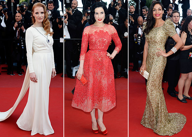 Mais vestidos do tapete vermelho, da esquerda para a direita: Jessica Chastain (Versace), Dita von Teese (Elie Saab) e Rosario Dawson (Marchesa) - Fotos: Getty Images