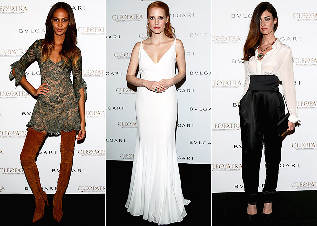 Da esquerda para a direita: Joan Smalls de Roberto Cavalli; Jessica Chastain de Givenchy; e Paz Vega de Alexandre Vauthier Couture - Fotos: Getty Images