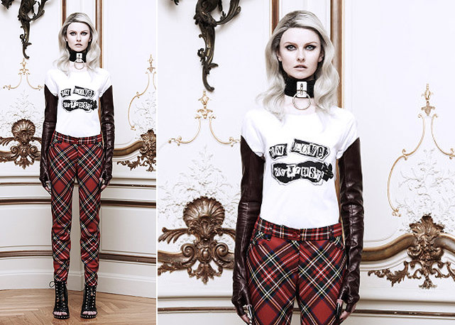 Calça Moschino US$875, camiseta Moschino US$350, colar Zana Bayne e luva Urstadt Swan - Foto:Reprodução