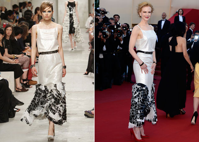 À esq. look de desfile do resort 2014 da Chanel e à dir. o vestido usado por Nicole Kidman em Cannes - Fotos: Getty Images