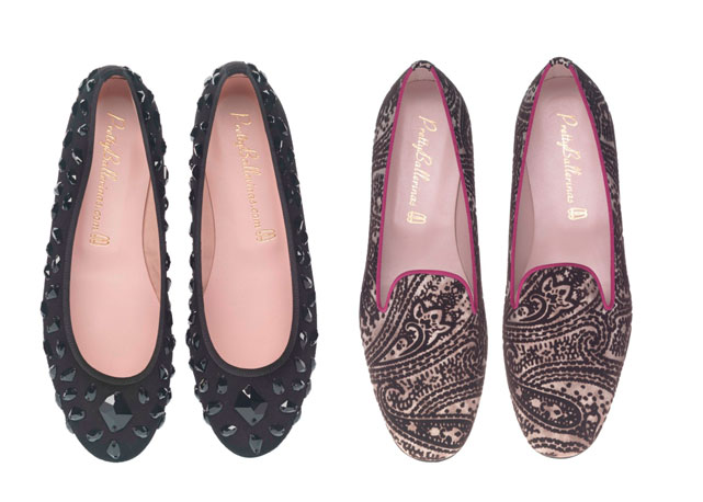 Novos modelos da coleção de inverno da Pretty Ballerinas. À esq. com cristais Swarovski bordados à mão e à dir. os slippers da marca - Fotos: Divulgação