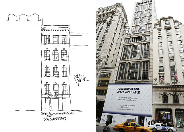 À esquerda, croqui de David Chipperfield para a nova Valentino; à direita, o prédio Takashimaya - Fotos: Divulgação