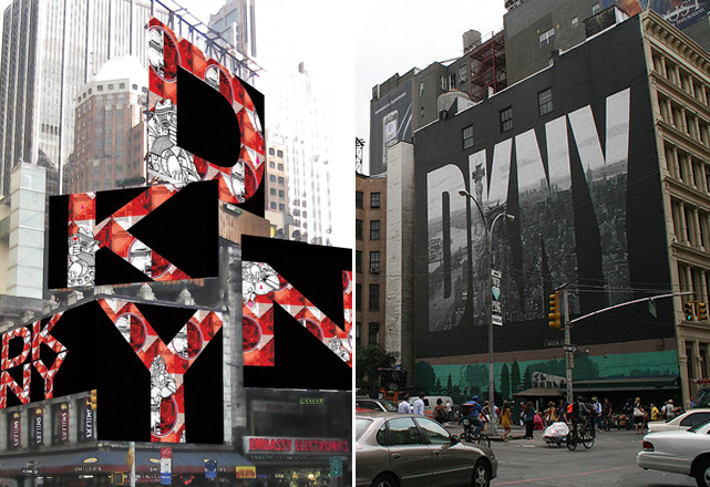 À esquerda, o painel DKNY instalado Times Square. A obra foi criada pelos artistas How and Nosm. À direita, imagem que retrata o trabalho de Peter Arnell na Houston Street - Foto: Reprodução