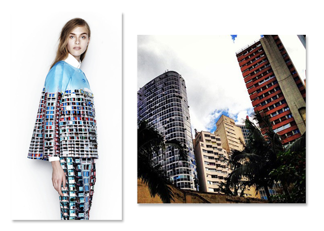 Para sua primeira coleção resort, Mary Katrantzou visitou suas próprias fotografias, como as capturadas em sua viagem pela cidade de São Paulo - Foto: Divulgação