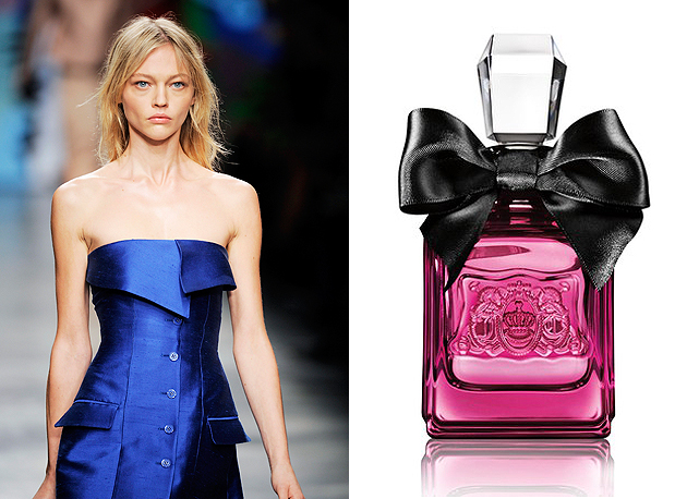 Sasha Pivovarova (á esquerda), garota-propaganda do Juicy Couture Noir (à direita) - Fotos: Getty Images e Divulgação