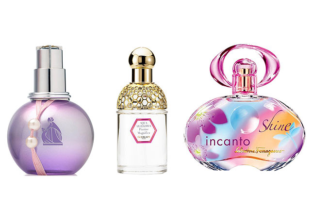Alguns dos aromas desenvolvidos por Karine, da esquerda para a direita: Eclat d`Arpege Gourmandise, de Lanvin; Aqua Allegoria Pivoine Magnifica da Guerlain e Incanto Shine de Salvatore Ferragamo - Fotos: reprodução