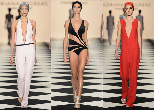 Três looks do verão 2014 de Adriana Degreas no SPFW. Da esq. à dir: macacão branco R$1.610, maiô R$610 e macacão vermelho R$1620 - Fotos: Divulgação