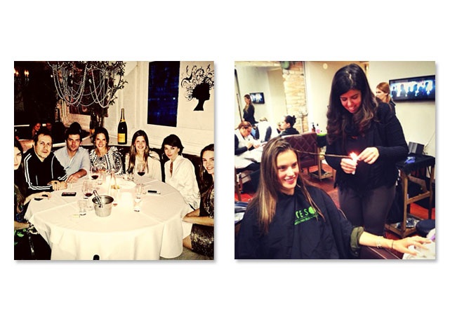 À esq., Alessandra Ambrósio janta com amigos no Bagatelle, em SP. À dir. a top faz uma cautreização no Laces Spa - Fotos: Reprodução/Instagram