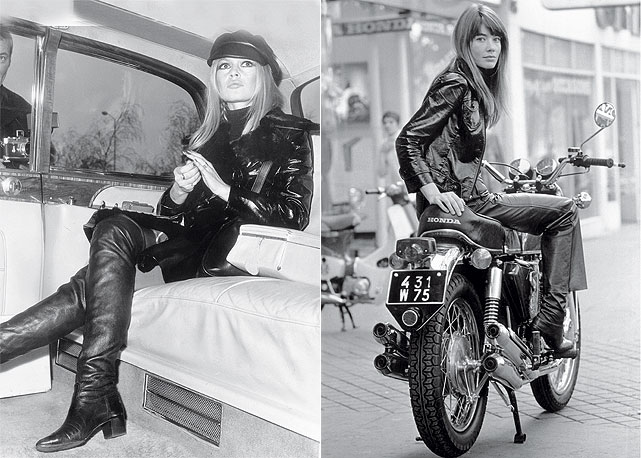 A atriz Brigitte Bardot (na esquerda) e a cantora Françoise Hardy já aplicavam, nos anos 1960, os mandamentos de estilo das francesas. Looks de couro transitavam entre limusine e motocicleta - Foto: reprodução/ Harper's Bazaar