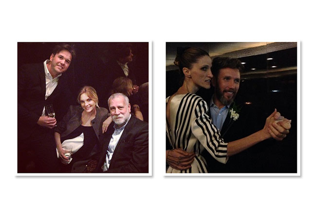 Carol Trentini com o marido Fabio Bartelt e Arruda (à esquerda); Geanine Marques dança com Herchcovitch, e ela também cantou na festa (à direita) – Foto: Reprodução/Instagram