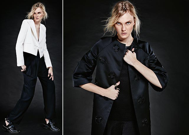 À esquerda, Carol veste blazer de lã, R$ 7.390, Givenchy; e calça de crepe, R$ 3.510, Céline, ambos na NK Store. À direita, casaco de cetim duchesse, R$ 2.397m Reinaldo Lourenço; vestido de jacquard e couro, R$ 859, Colcci - Fotos: Reprodução/Harper's Bazaar