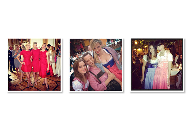 Da esquerda para a direita: Sophia, Jacquetta e Lauren de vermelho; Emma Watson com Derek Blasberg e Lauren Santo Domingo; e Julia Roitfeld com a noiva, antes da cerimônia - Fotos: Reprodução/Instagram