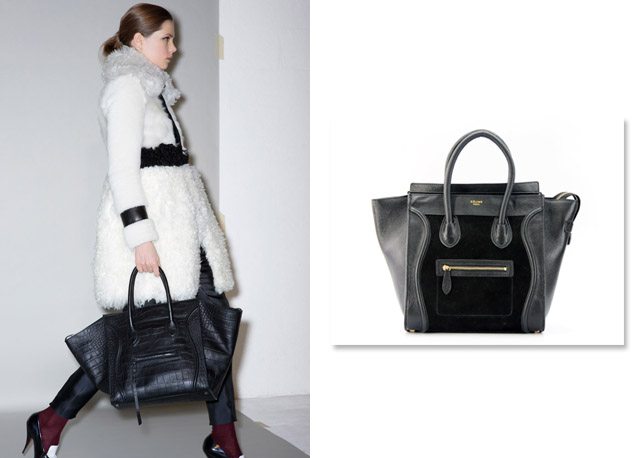 À esquerda, o modelo Luggage na passarela da Céline. À direita, zoom no modelo com amplas abas laterais e alças curtas - Fotos: Divulgação