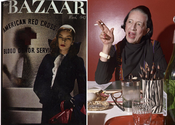 À esquerda, uma das suas mais icônicas capas para a Bazaar, com Lauren Bacall; à direita, a editora com seu inseparável cigarro - Fotos: Reprodução