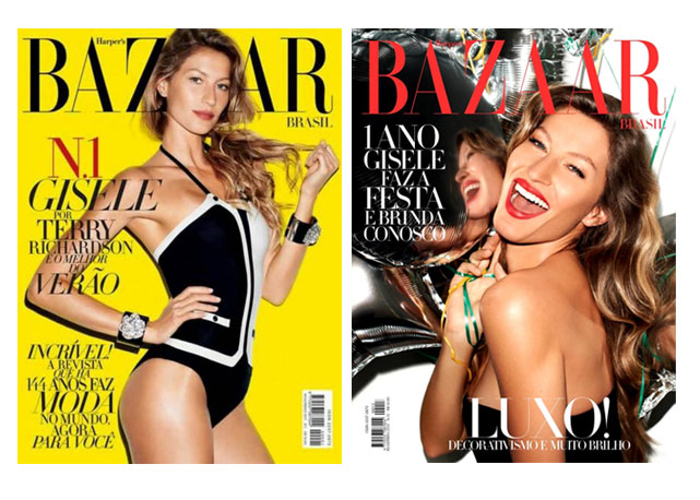 À esq. Gisele na primeira capa da Harper's Bazaar e à dir, a top comemorou nosso aniversário de 1 ano - Fotos: Reprodução/Harpers Bazaar Brasil