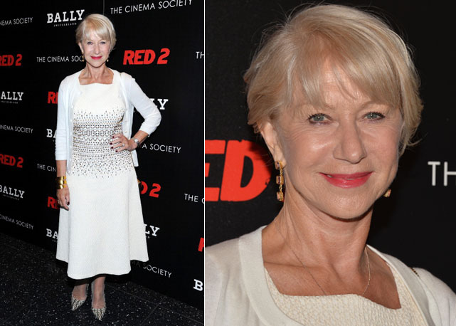 Helen Mirren e o modelo branco com aplicações do pre fall da Tory Burch - Fotos: Getty Images