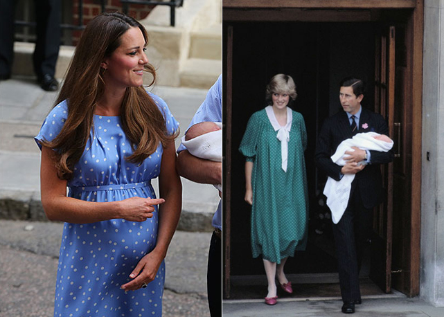 Kate Middleton e Lady Di vestem vestidos semelhantes para apresentar os respectivos filhos à sociedade - Foto: divulgação
