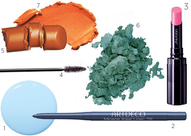 1.Esmalte Dreamer (R$ 18), Revlon; 2.Mineral Kajal Liner Dark Blue (R$ 37), Artdeco; 3. Batom Rouge Sorbet (R$ 109), Shiseido; 4.Máscara Bad Gal Lash Plum Ameixa (R$ 95), Benefit; 5.Batom Rouge Pur Couture The Mats Orange Imagine (R$ 169), YSL; 6.Sombra Expressionismo Luminescente (R$ 39), Contém 1g; 7.Batom Pretty Amazing Charisma (R$ 88), Bare Minerals - Fotos: reprodução/Harper's Bazaar