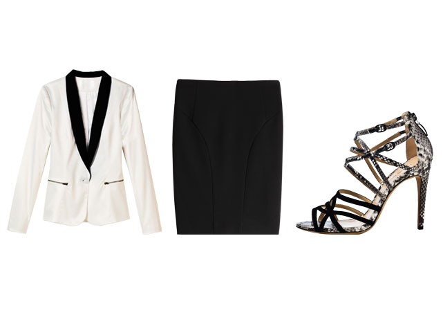 Blazer Ricardo Almeida (R$679); saia Carina Duek (R$620); sandália Alexandre Birman (R$1.550) - Fotos: reprodução/ Harper's Bazaar