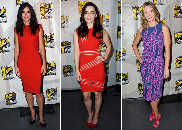Da esquerda para a direita: Sandra Bullock veste Roland Mouret; Emilia Clake vai de Christopher Kane; e Emily Blunt elege Wes Gordon - Fotos: Getty Images