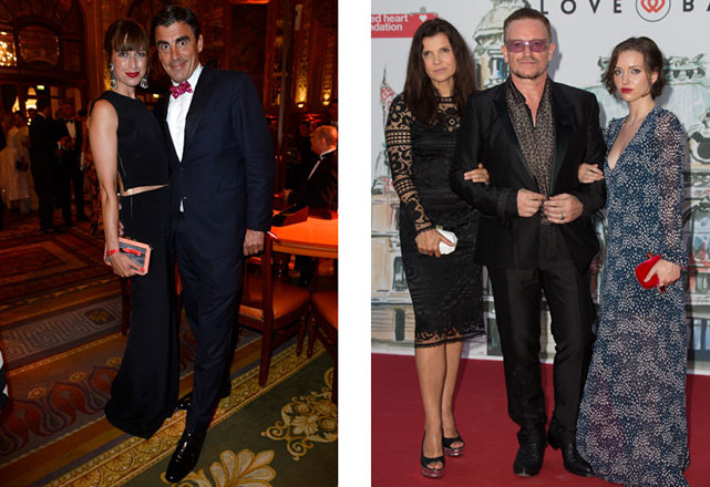 Sandra Nedvetskaia e Andreas Rumbler (à esquerda) e Bono com sua mulher Ali Hewson e a irmã dela, Jordan (à direita) - Foto: Getty Images