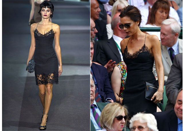 À esq., Isabelli Fontana no desfile de inverno 2014 da Louis Vuitton e à dir. Victoria Beckham com o look em Wimbledon - Fotos: Getty Images