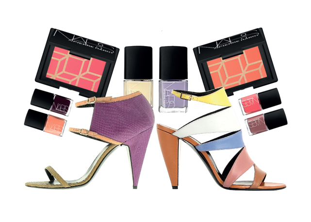 Criações típicas de Pierre Hardy ao lado dos makes desenvolvidos em parceria com a Nars - Foto: reprodução/Harpers Bazaar