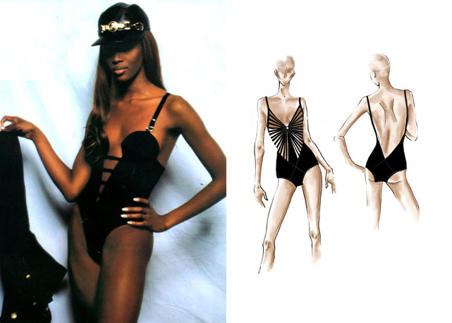 À esq. Naomi Campbell pouco antes de um desfile de Ginanni Versace nos anos 90 e à dir uma das criações do verão 2014 de Amir Slama - Fotos: Reprodução/Divulgação