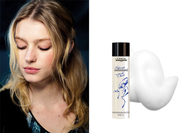 Cabelo undone: à esq. beleza do desfile de inverno 2014 da Rodarte e à dir. Mademoiselle Infinium by Charlie Le Mindu da L'Oréal Profissionel R$78) e Mousse Playcurl Volumizing Foam da Ouidad R$115 - Fotos: Reprodução/Harper's Bazaar