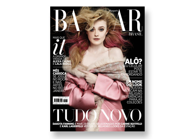 De Louis Vuitton, Dakota Fanning foi clicada por Karl Lagerfeld - foto: reprodução/Harpers Bazaar