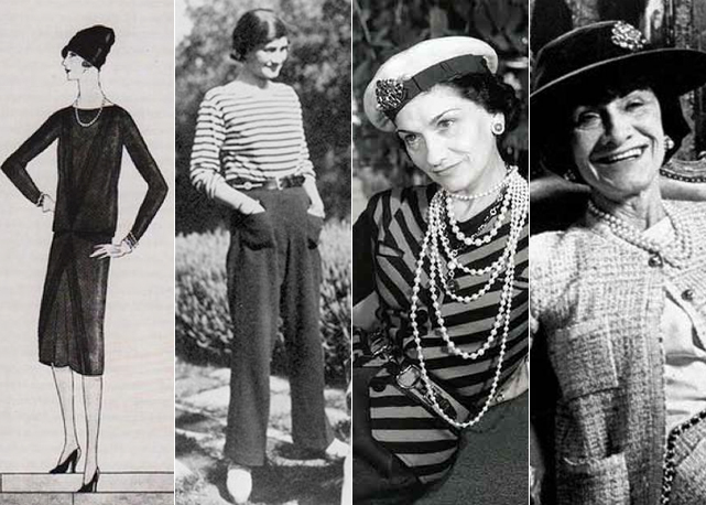Melhor garota propaganda de suas criações, Chanel usava cada uma de suas roupas. Da esquerda para a direita, o vestido preto, look navy, com t-shirt listrada e calças compridas, as famosas pérolas e por último, o conjunto de tweed - fotos: reprodução