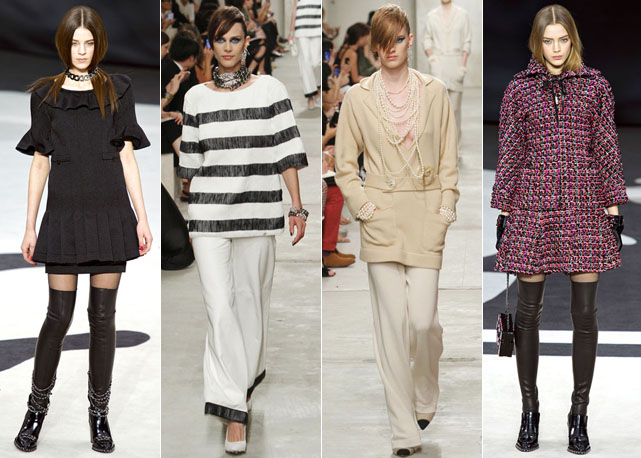 Os icones propostos pela estilista continuam presentes nas passarelas da marca até os dias de hoje, ganhando reiterpretações a cada novo desfile. Aqui, looks by Karl Lagerfeld inverno e resort 2014 - Fotos: reprodução